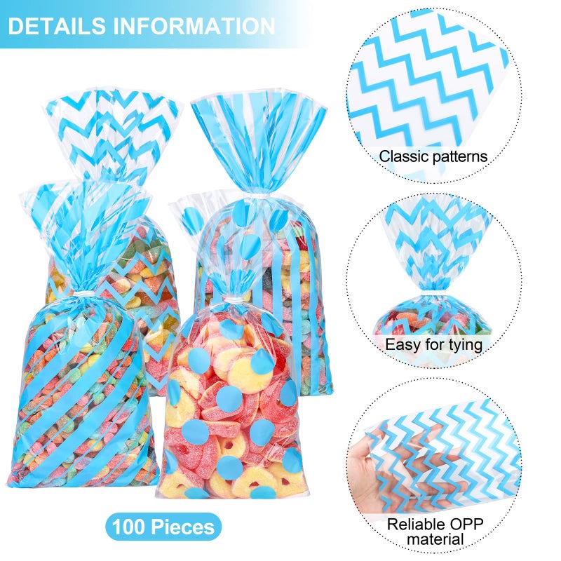 Aodaer 100 Pieces 10.6 x 5.1 In Blue Cellophane Bags Plastic Candy Bags Cellophane Treat Bag Polka Dot Stripes Printed Pattern Goodie Gift Bag with Twist Ties for Birthday  Baby Showers  Weddings Party Supplies - Image 3
